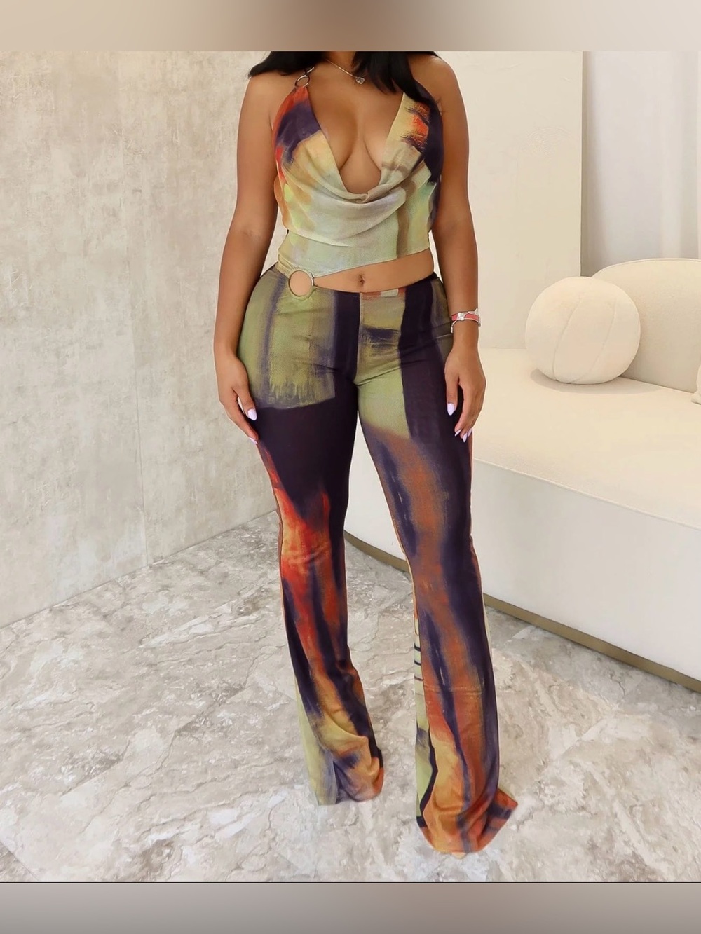 Tie-Dye Halter Cowl Jumpsuit in Multicolor